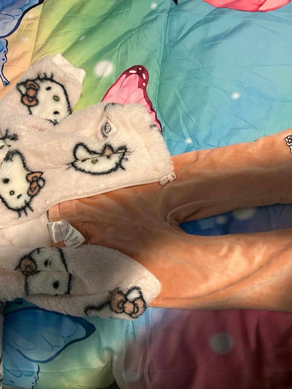 Plush Cream and Peach Kids Footie One-Piece with Character Print